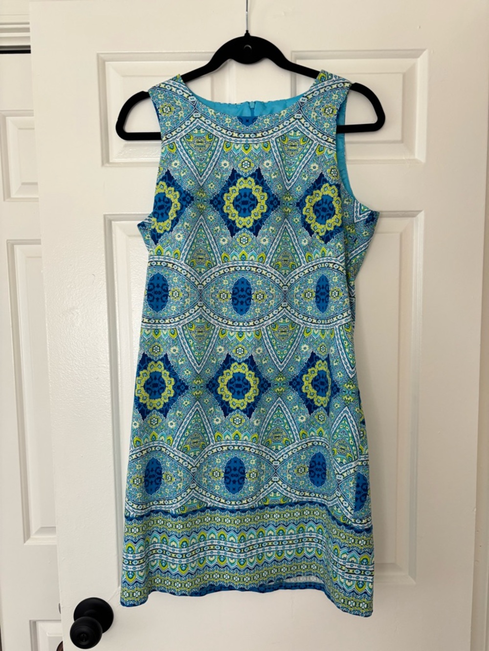 London Times Blue & Green Printed Sleeveless Shift Dress - Size 10
